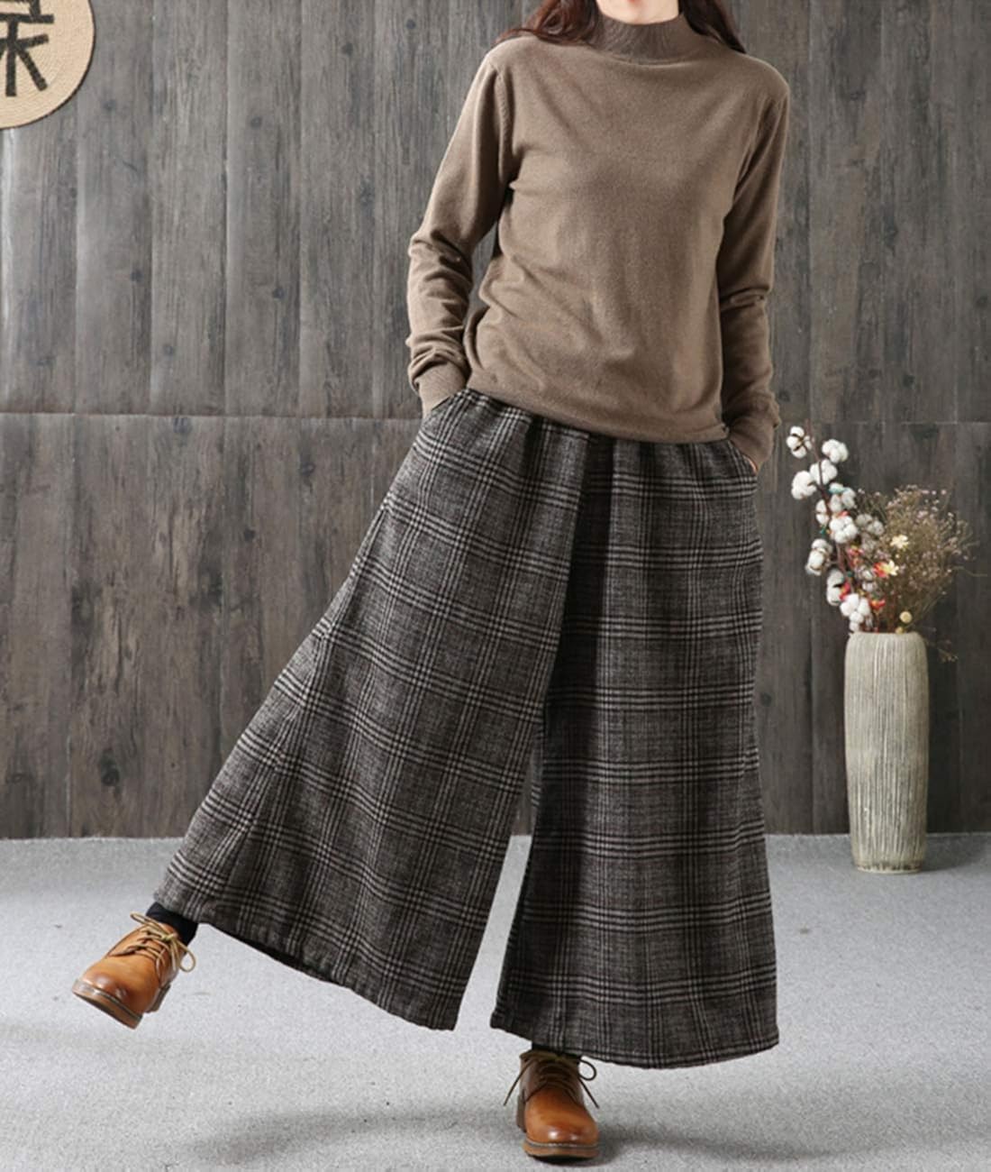 YESNO PK5 Casual Loose Wide Leg Wool Blend Checked Pants Elastic Waist Relaxed Trousers PK5 /Pockets: Clothing