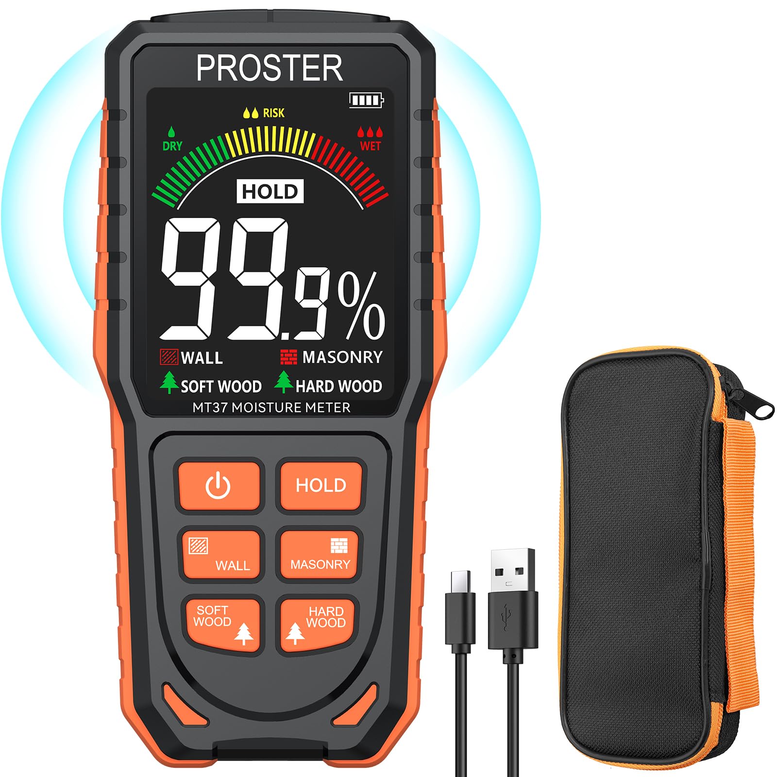 Proster Pinless Damp Meter - Rechargeable Moisture Meter for Walls with LCD Screen Sound Light Alarm Non-Invasive Moisture Detector Detects up to 19mm Dampness Meter for Wall Masonry Hardwood SoftWood