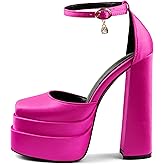MERUMOTE Womens Sexy High Heels Platforms Pumps Square Toe Chunky Block Heels Rhinestone Party Shoes Rose Satin US7.5