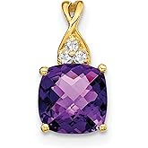 10k Yellow Gold Pendant for Women with Cushion Cut Purple Amethyst Gemstone, Three White Accent Stones, Floral Inspired Design, February Birthstone Jewelry, Elegant Feminine Necklace Charm