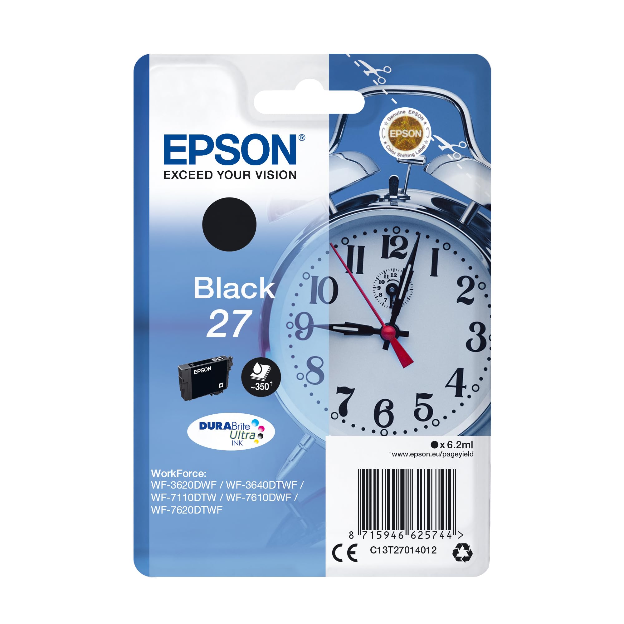Epson 27 Black Alarm Clock Genuine, DuraBrite Ultra Ink Cartridge, Standard Capacity