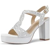 Chunky Platform High Heels for Women Glittery Heeled Platform Sandals | Block Rhinestone Heel Sandals Ankle Strap, Square Open Toe Sandal Comfort Fashion Dressy Shoes for Prom Party Wedding Formal