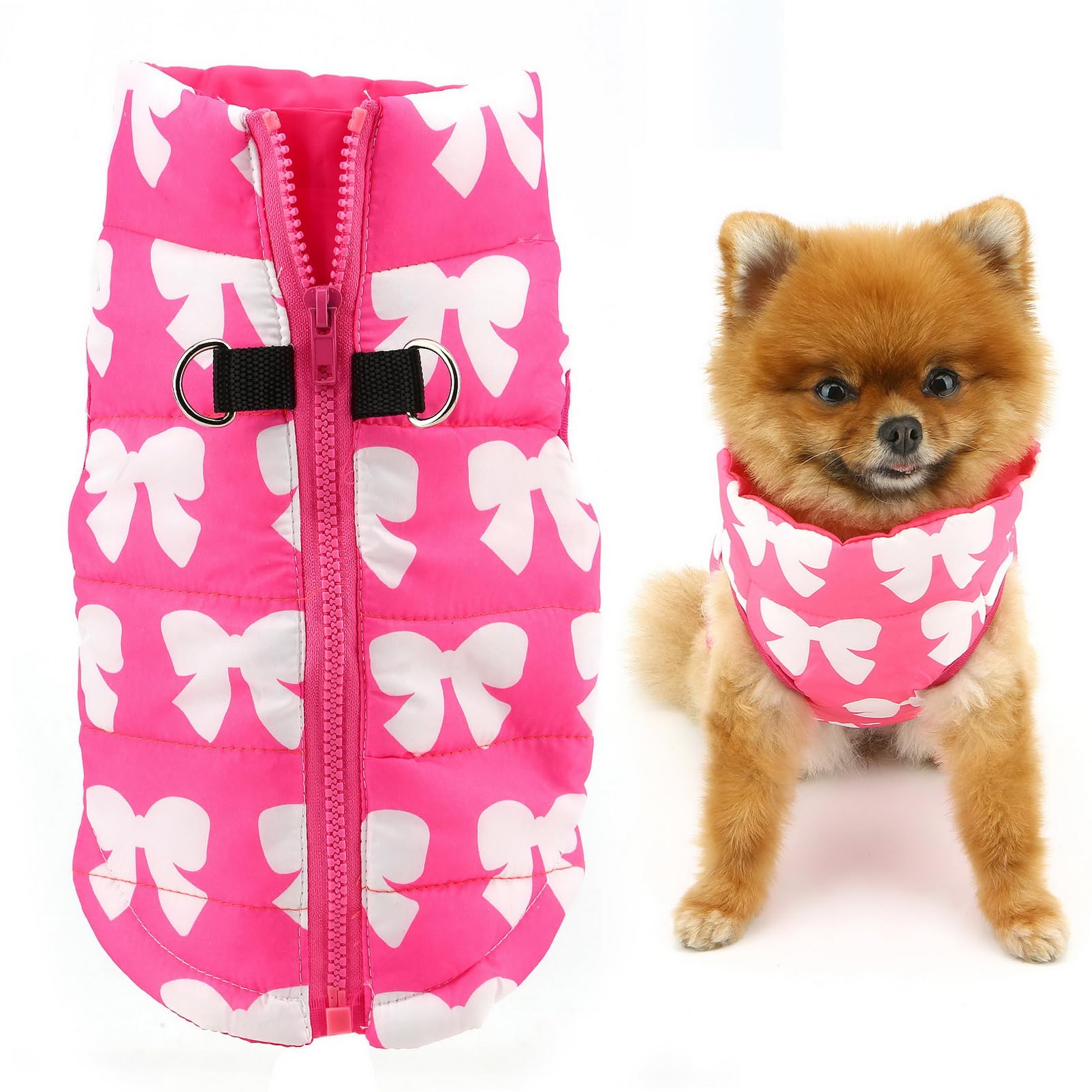 SMALLLEE_LUCKY_STORE Pet Water Resistant Winter Jacket Vest with D-ring for Small Dog Cat Zip-up Padded Puppy Coat Chihuahua Yorkie Kitten Warm Clothes, Hot-pink, XS — image 1