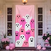 Fanfanwin Pink Halloween Ghost Door Cover Banner, 35.4x78.7 Inch | Pink Halloween Door Curtains, Bathroom Porch Backdrop Decor for Parties, Indoor Outdoor Haunted House Decoration