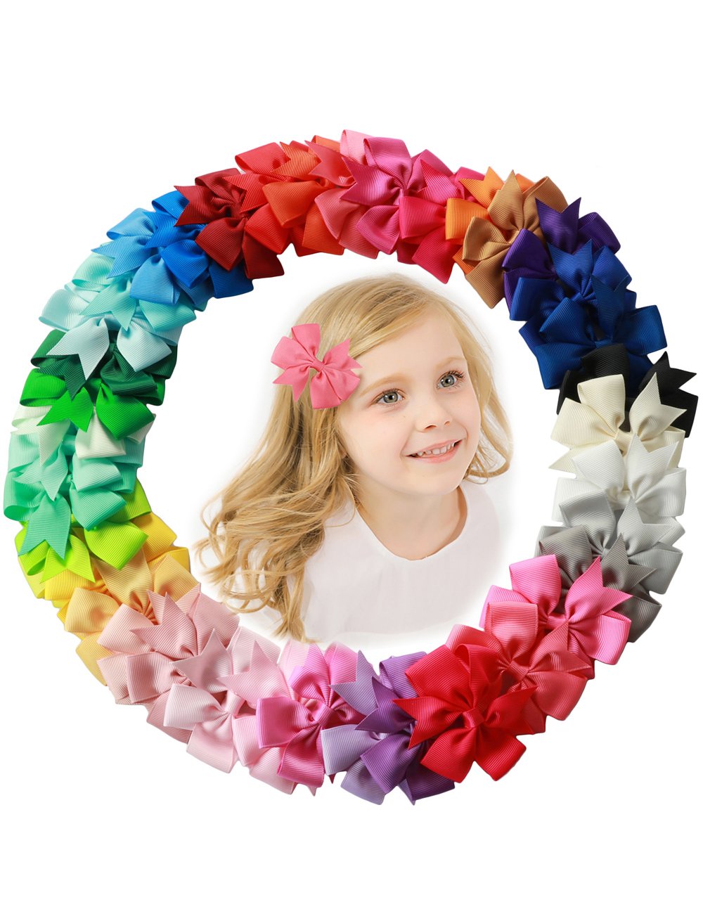 fani 40 Pcs 3 inch Grosgrain Ribbon Pinwheel Boutique Hair Bows Clips For Baby Girls Teens Toddlers Kids Children with 40 Colors