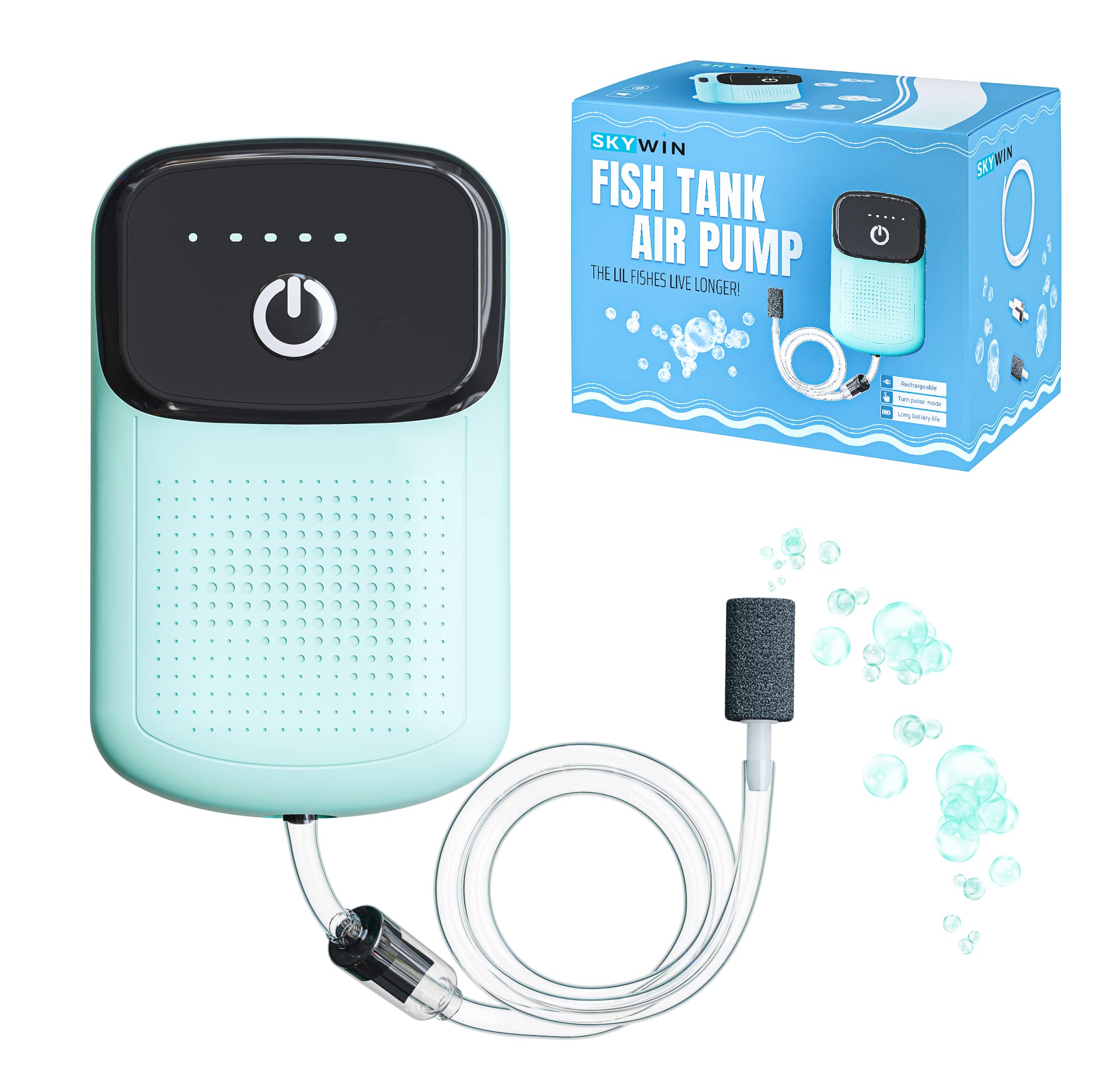 Photo 1 of Skywin Fish Aerator Pump - Rechargeable Battery Powered Aquarium Air Pump - Portable Bait Aerator for Transporting Fish, Outdoor Fishing, Traveling, Moving, Bait Cooling, and Power Outages