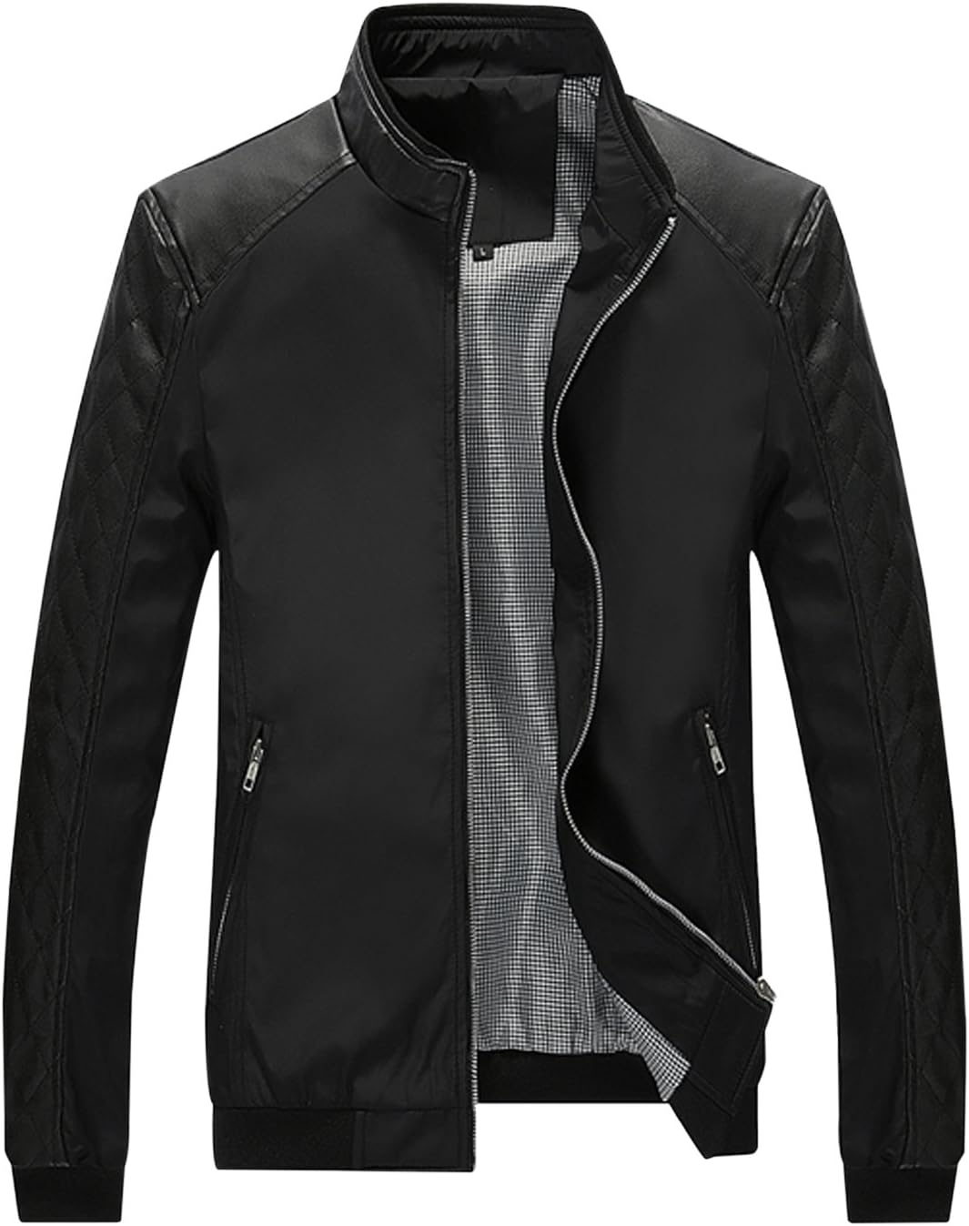 Springrain Men's Casual Stand Collar Slim PU Leather Sleeve Bomber Jacket