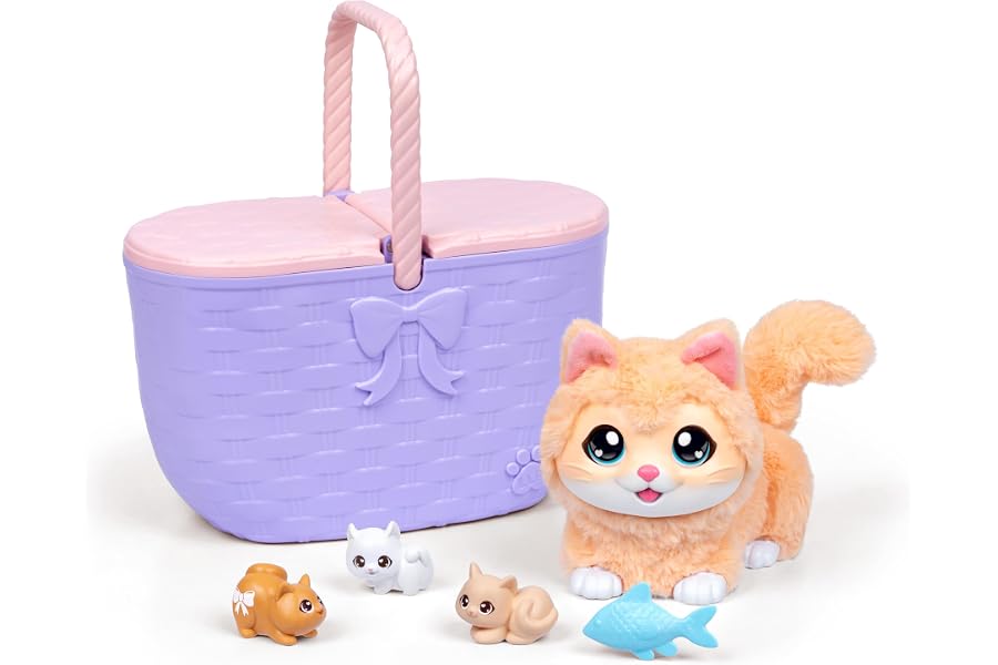 Little Live Pets Mama Surprise Kittens, Interactive Mama, Surprise Toys | Portable basket, fish accessory, 3 baby kittens, and 15+ sounds and reactions for ages 4+ toy cat play