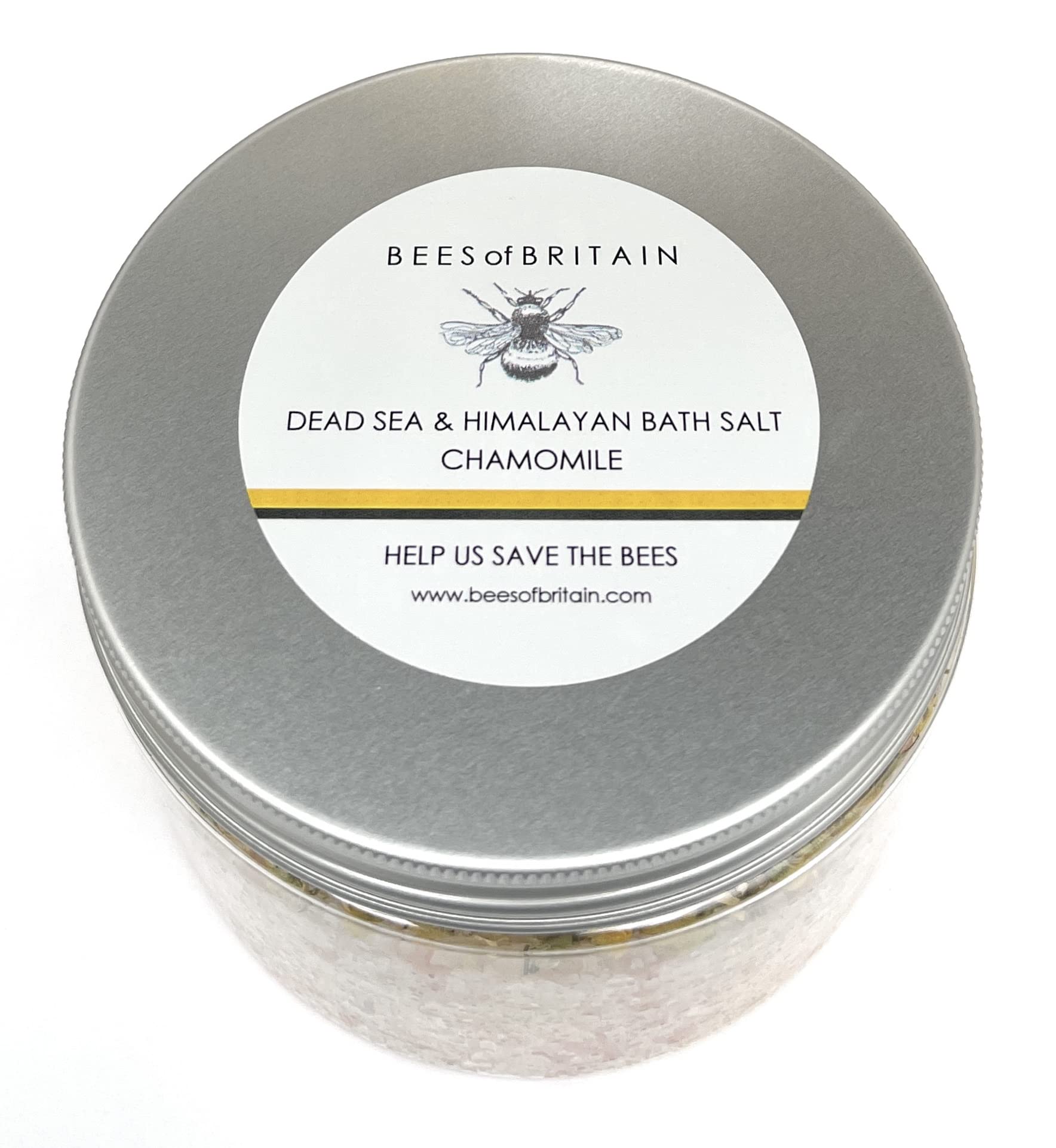 BEES of BRITAIN - 100% Natural Himalaya and Dead Sea Bath Salts - Chamomile. Detox, Soothe, Relax, Soften. We Donate 5% of Our Profit to Save Bees + Pollinators. 450g