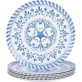 Yinshine Melamine Plates Set,10.75 Inch Dinner Plates Set, 6pcs Blue Dishes Set with Embossed Design, Unbreakable,Indoor and Outdoor use,Blue&White