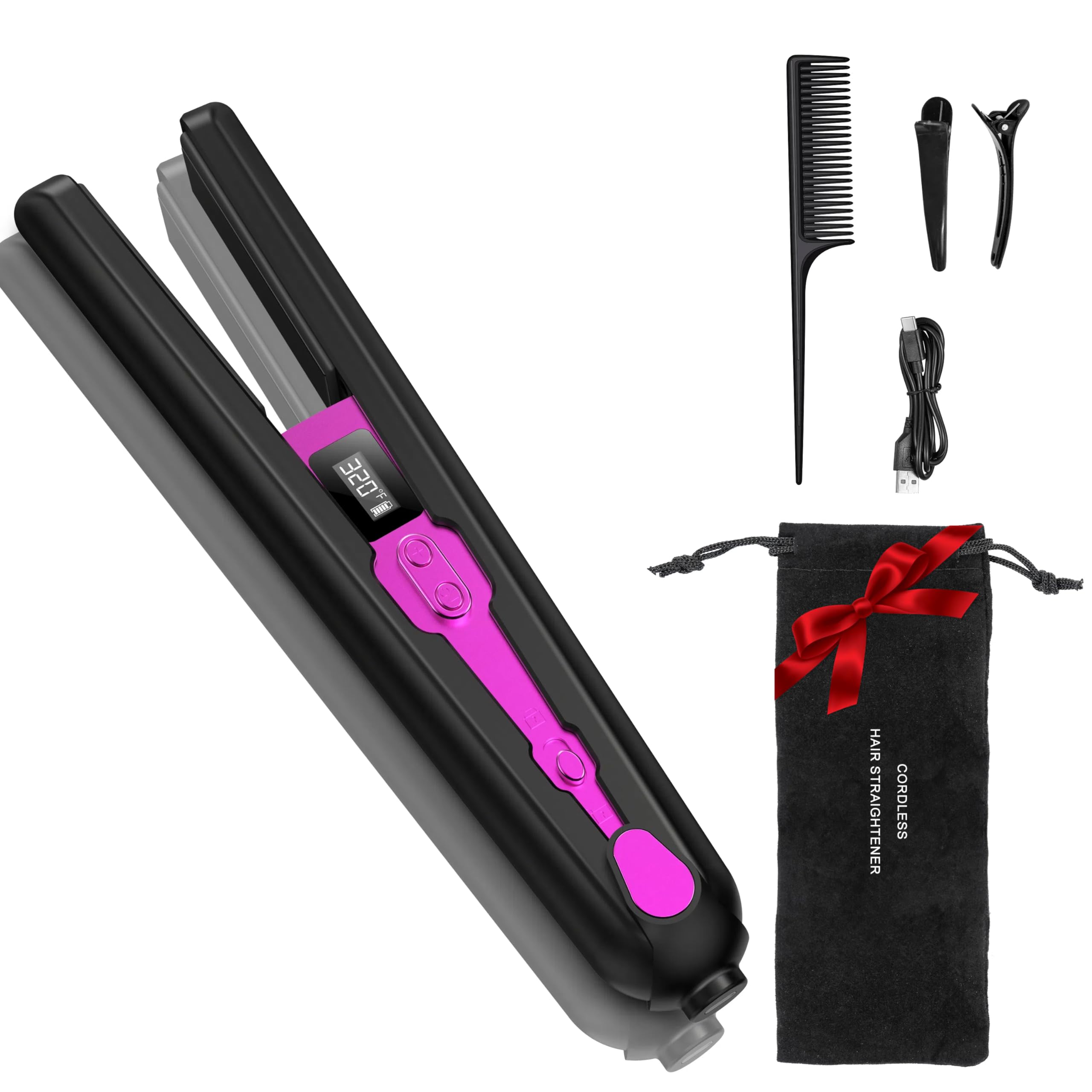 2-in-1 Cordless Flat Iron Hair Straightener & Curlerr, Rechargeable Cordless Hair Straightener with 9600mAh Battery LCD Display Negative Ion Tech 6 Adjustable Temps Heat-up in Seconds for Home
