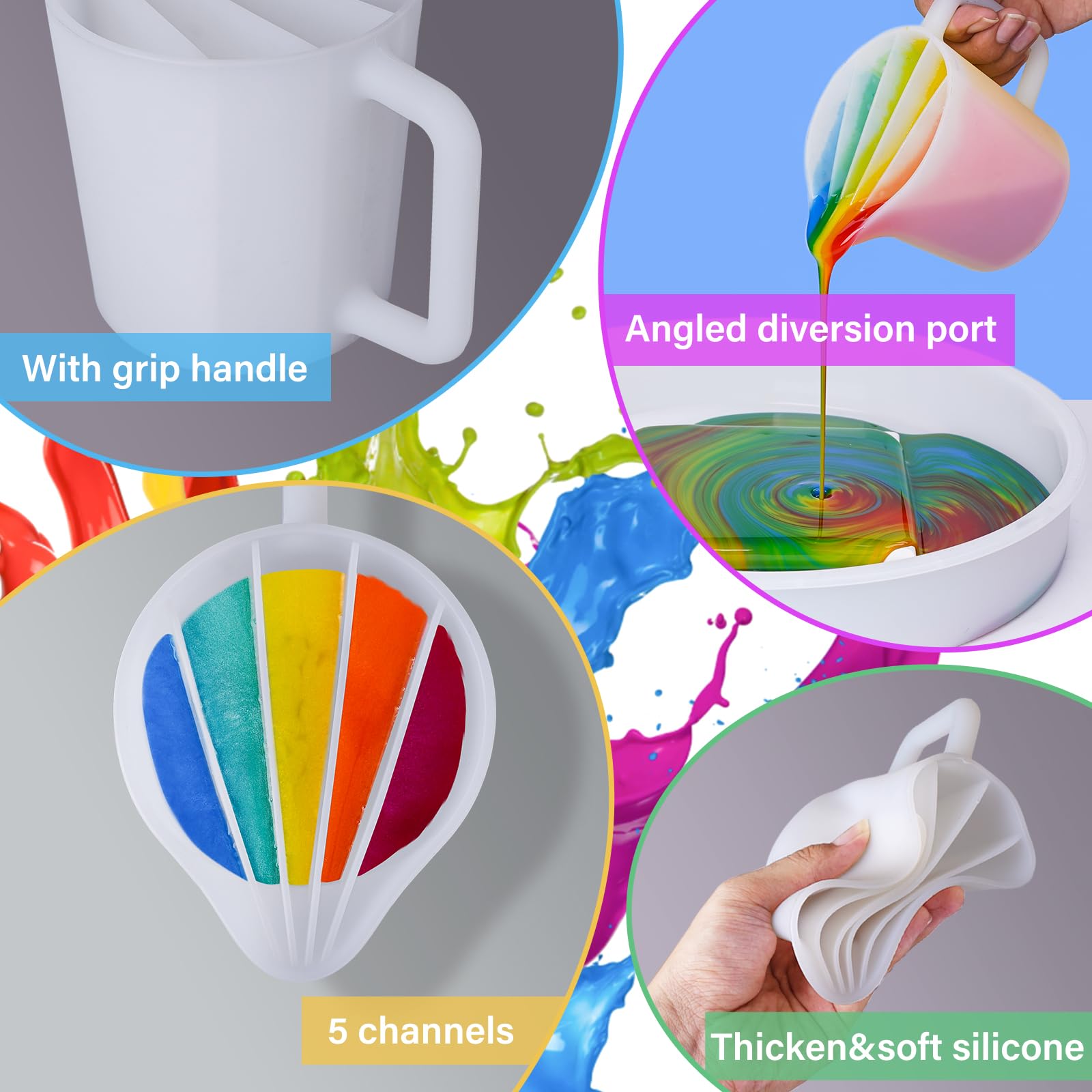 LET'S RESIN 17OZ/500ML Split Cup with Handle, Thicken & Easy Clean Split Cups for Paint Pouring with 5 Channels, Silicone Reusable Fluid Art Split Cups for Acrylic Paint, Resin Molds, Epoxy Resin Art
