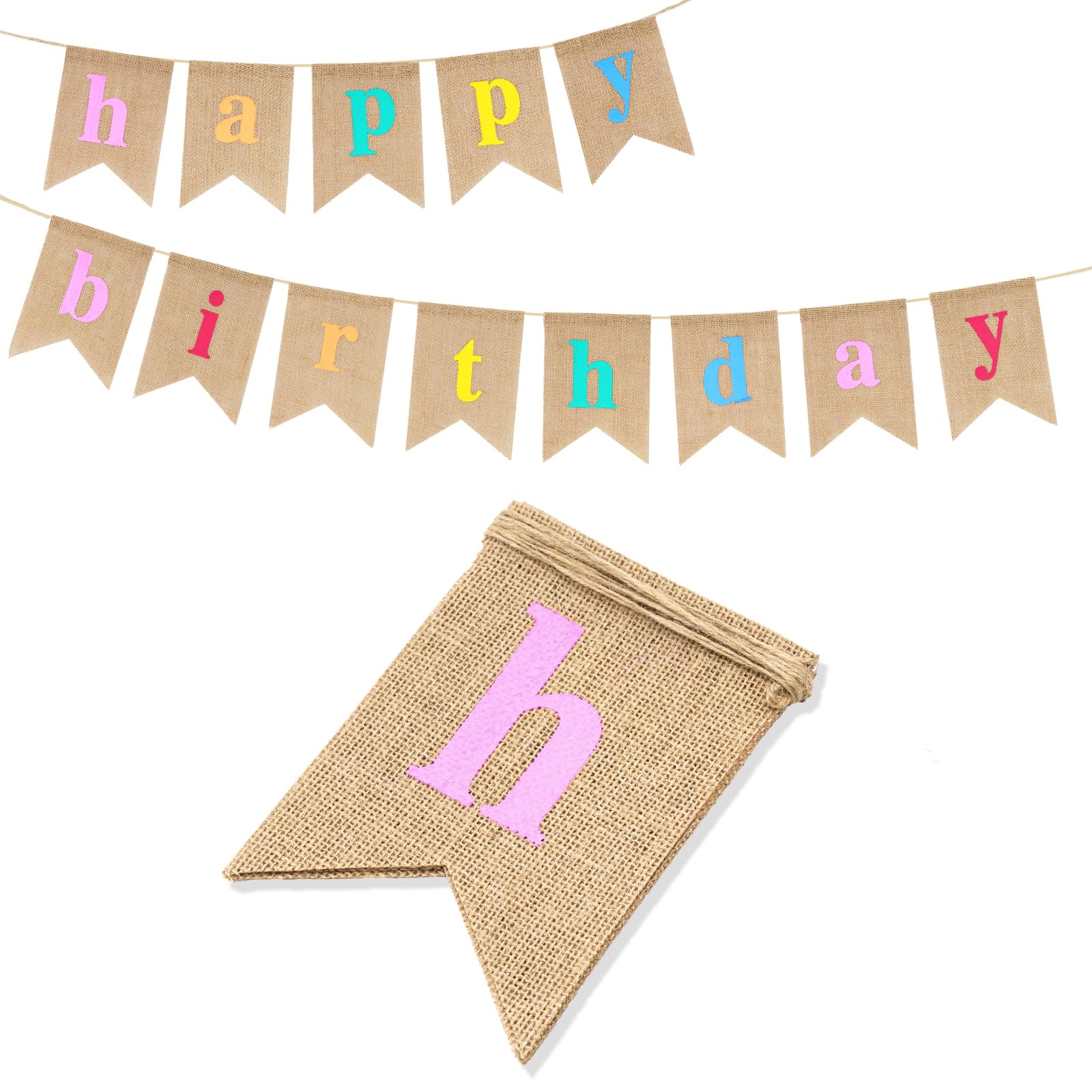 G2PLUS HAPPY Burlap Bunting Banner - Pre-strung Hessian Bunting, Reusable Pentagon Burlap Banner for Vintage Birthday Party Decorations