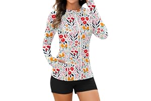 Soneven Women Long Sleeve Rash Guard Sets Two Piece Swimsuit with Shorts UPF 50+ Bathing Suit Full Zip Swim Shirt