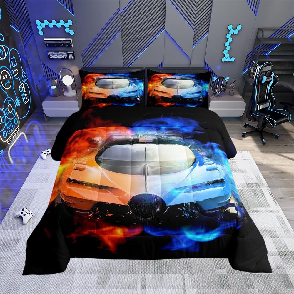 Loussiesd Kids Sports Car Bedding Set Luxury Yin Yang Race Car Bedding Set for Boys Girls Men Extreme Sports Theme Duvet Insert Cool Speed Racing Car Duvet Set Bedroom Collection 2Pcs Single