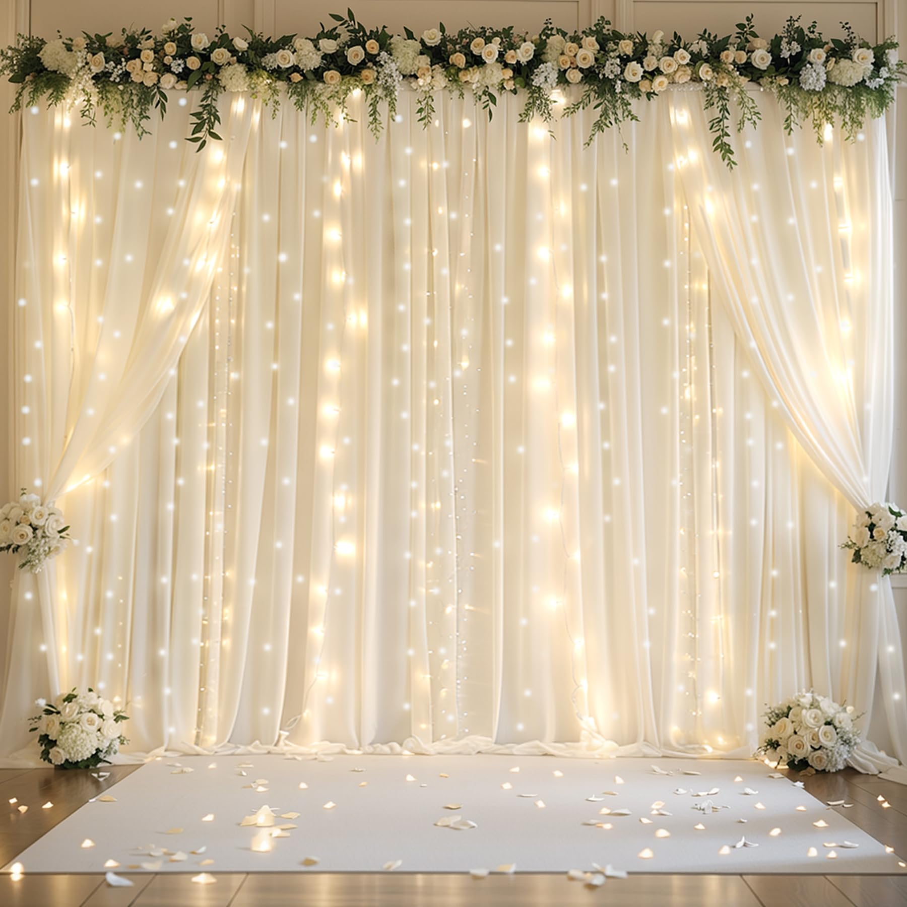 Photo 1 of 10ft x 10ft Ivory Chiffon Backdrop Curtain with Lights String for Parties,2 Panels Sheer Tulle Curtain Wedding Photo Backdrop with Lights for Baby Shower Birthday Party Ceremony Home Decorations