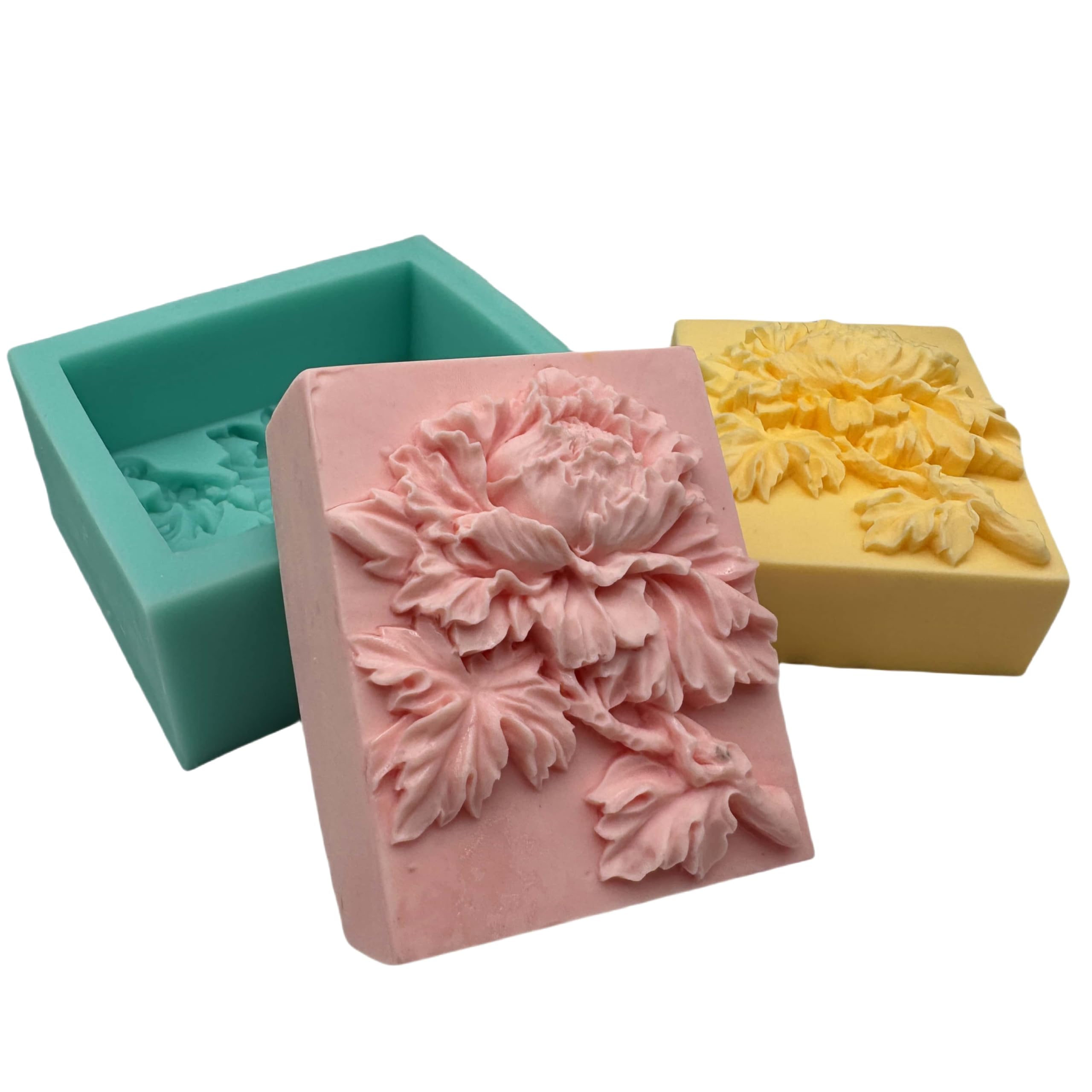 Photo 1 of 1pc.   3D Peony Soap Mold Rectangle Delicate Flower Silicone Soap Molds for Soap Bar Making Lotion Bar Scented Candle Aromatherapy Plaster Mould Cake Decoration Fondant Ice Cube Moulds