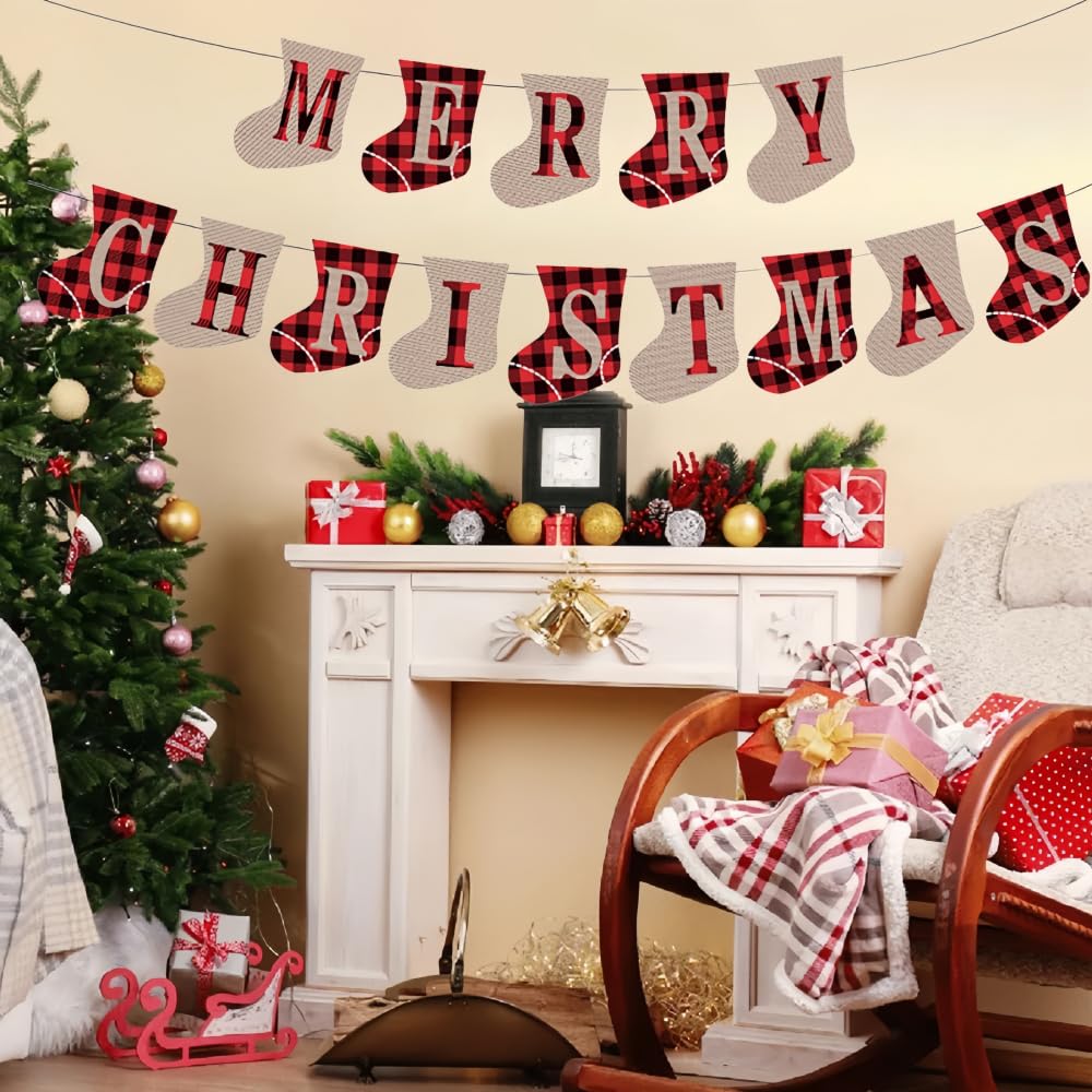 Christmas Bunting，Merry Christmas Burlap Banner, Sock Xmas Hanging Flags for Indoor Outdoor Party Festival Decorations Xmas Decorations Sale Clearance