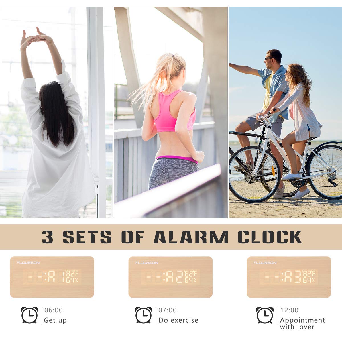 floureon Wooden LED Alarm Clock, FOULREN Wood Cube Digital Desk Alarm Clock with 3 Brightness Adjustable, 3 Set of Alarm, Dual Power, Voice Control, Time/Temperature/ Humidity Displaying (Wooden)