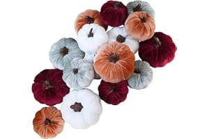 Winlyn 16 Pcs Assorted Fall Artificial Velvet Pumpkins Small Decorative Fabric Pumpkins Rustic Foam Pumpkins in Burgundy Bronze Gray White for Autumn Wedding Halloween Thanksgiving Table Centerpiece