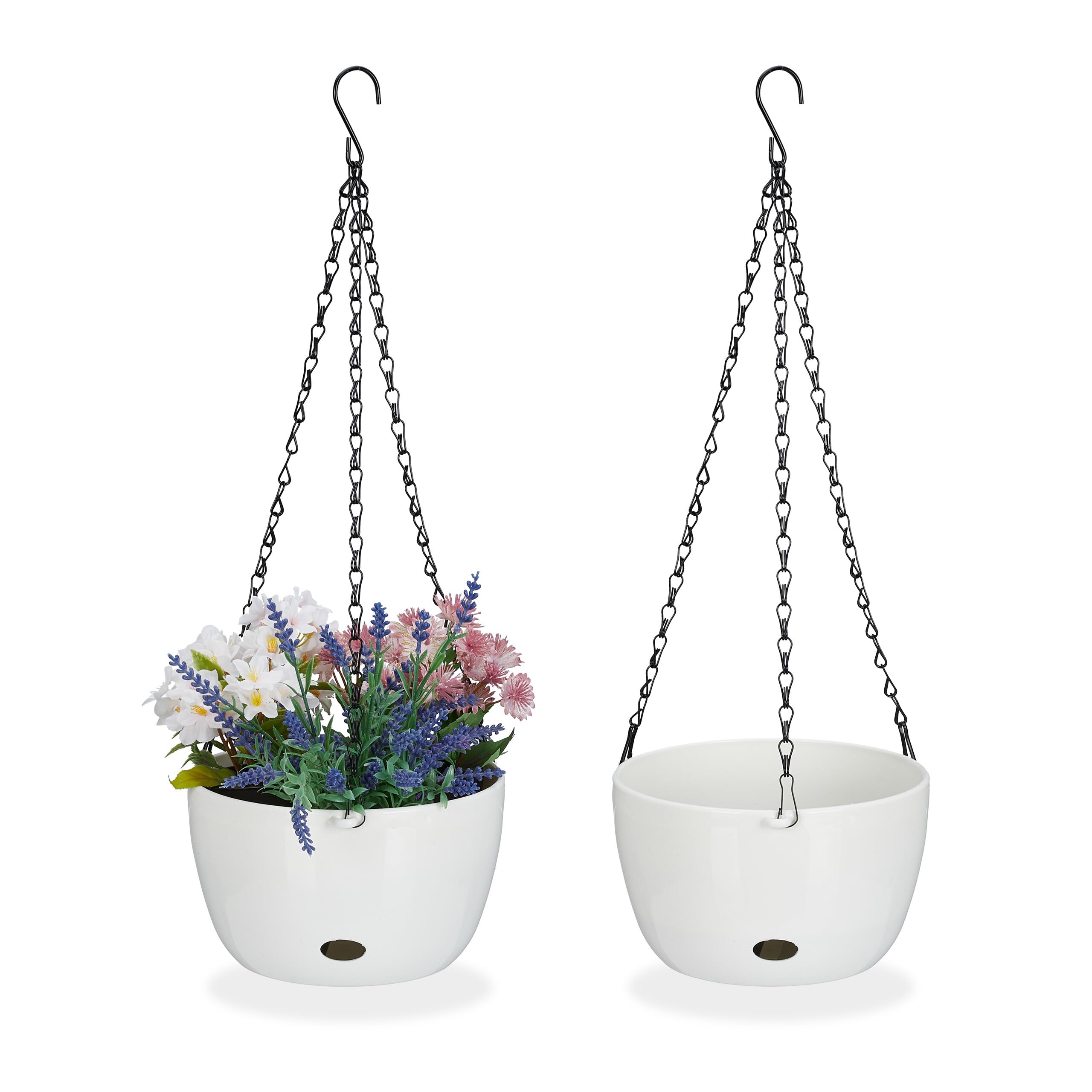 Relaxdays Set of 2 Hanging Baskets with Water Reservoir, HxØ: 56 x 20.5 cm, Out- & Indoor, Suspended Pot, Plastic, White