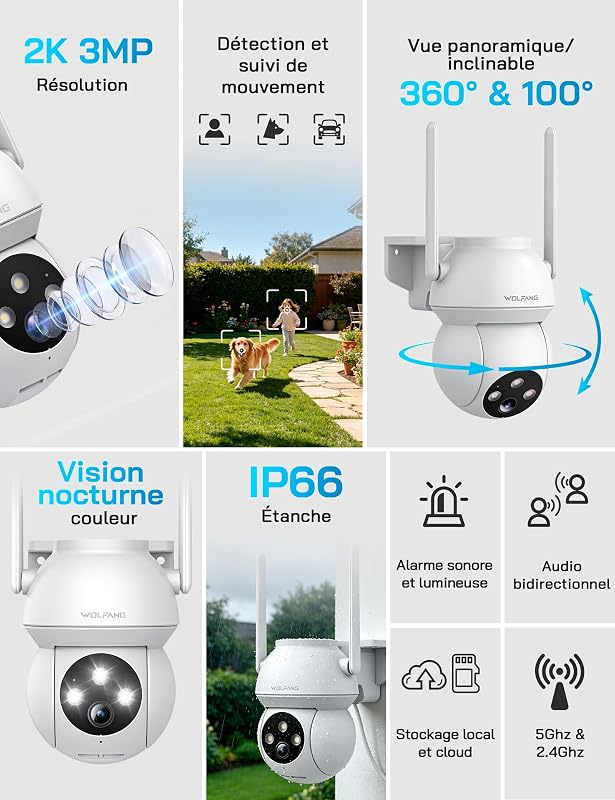 Caméra de sécurité extérieure 2K 3MP, caméra WiFi PTZ 360°, Vision Nocturne Couleur, détection AI, Alarme sonore et Lumineuse, IP65 résistant aux intempéries, Fonctionne avec Alexa et Google