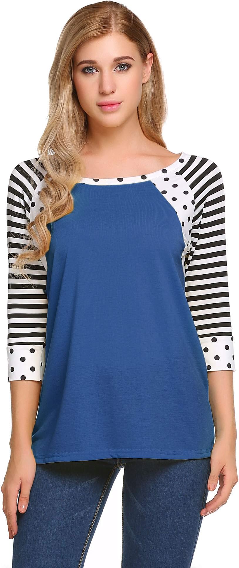 SoTeer Women's Polka Dots Shirt Striped 3/4 Sleeve Casual Scoop Neck Tops Tee (8 Colors S-XXL)