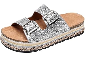 JIOMIJIOMI Womens Sandals Cork Footbed Slide Comfortable Summer Beach Shoes Platform Suede Leather with Arch Support Slippers Adjustable Buckle Rubber Sole