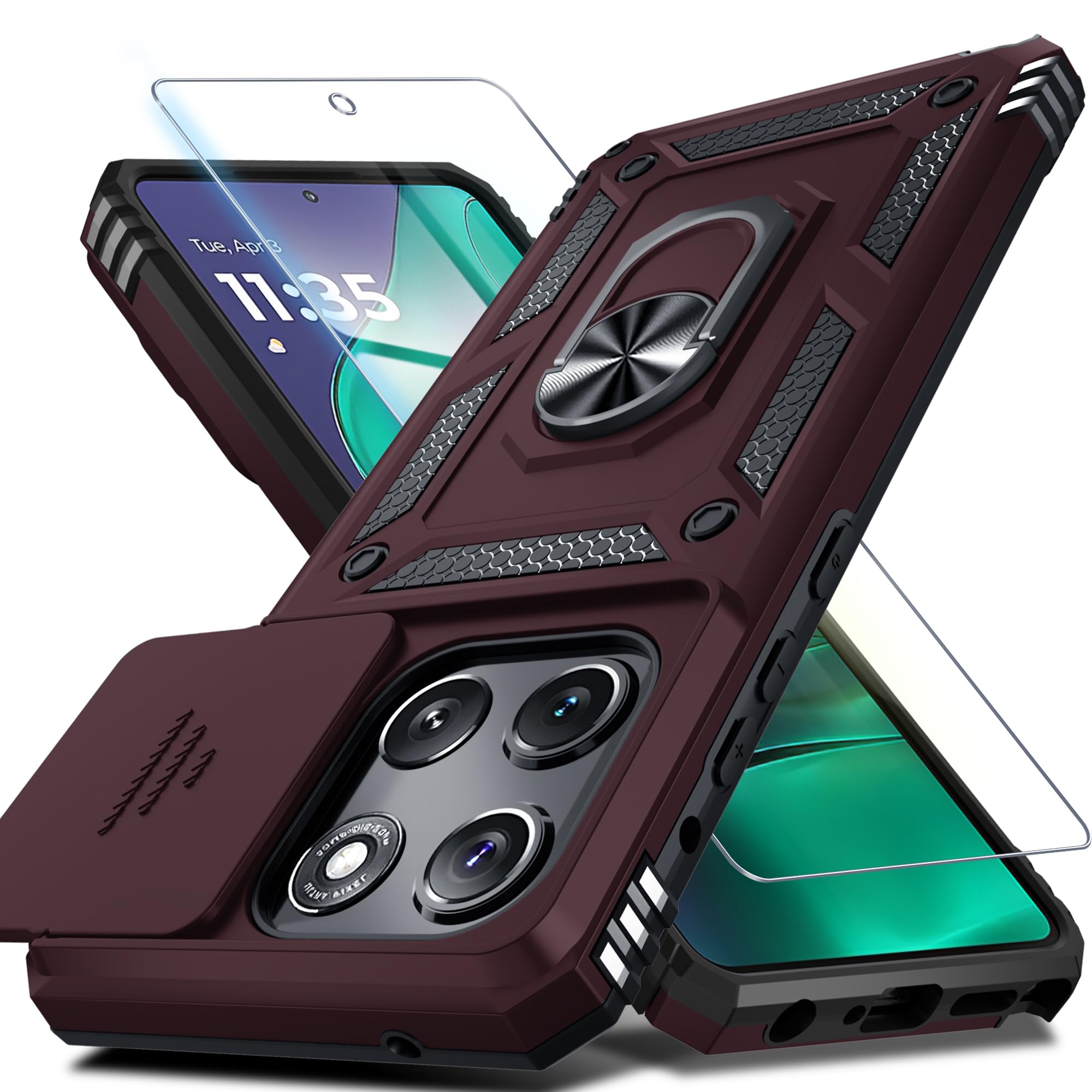 Photo 1 of Janmitta Compatible with Moto G Stylus 5G 2025 Case Built in Slide Camera Lens Cover + Screen Protector + Finger Ring Holder Kickstand, Heavy Duty Shockproof Full Body Protective Phone Cover, Wine Red