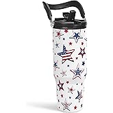 American Flag Star Tumbler with Handle 30oz, Stainless Steel Insulated Flip Straw Tumblers Coffee Travel Mug Cup, USA America Gifts for Women Girl for Birthday Christmas