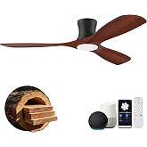52 Inch Smart Low Profile Ceiling Fans with Lights Remote,Wood,Flush Mount | Remote/Alexa/App Control,Natural Wood&amp; Black,Quiet,Hugger LED Ceiling Fan for Outdoor Indoor Modern Patio Bedroom Living Room
