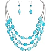Firstmeet 3-Layer Mother of Pearl Beads Necklace with Earrings Oval Beads Pendant Jewelry for Women