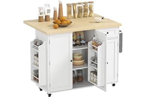 HOMCOM Kitchen Island, 49" Rolling Kitchen Cart on Wheels with Drop Leaf, Farmhouse Island Table with Pantry Cabinet, Drawer,