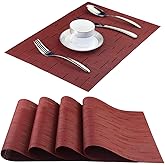 Panda Palm Vinyl Placemats,Washable Table Mats Easy to Clean Woven Placemats for Dining Table Set of 4 (Burgundy Red)