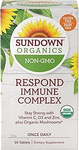 Sundown Organics Respond Immune Complex, Immune System Support with Vitamin C, D3, and Zinc, Gluten Free, 100% Non-GMO, 30 Tablets