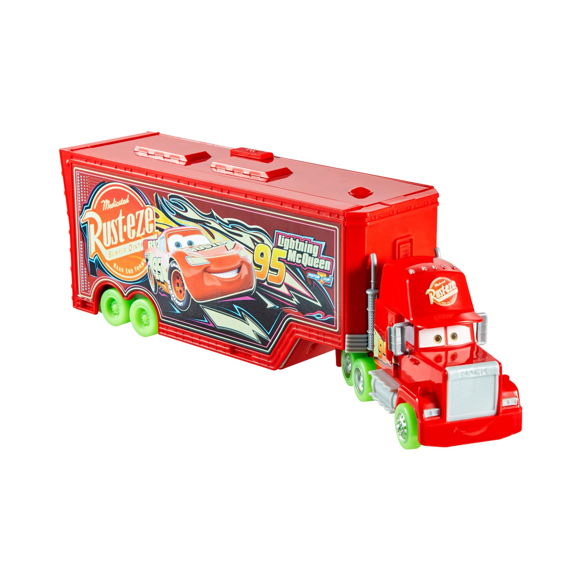 Disney and Pixar Cars Glow Racers Transforming Mack Playset, 2-in-1 Glow-in-the-Dark Toy Truck & Tune-Up Station with Launcher, Lift & More, HPX76