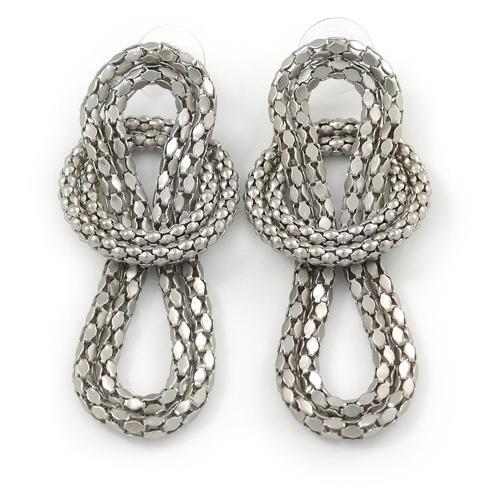 Mesh Knot Drop Earrings/Matte Silver Tone/ 65mm L