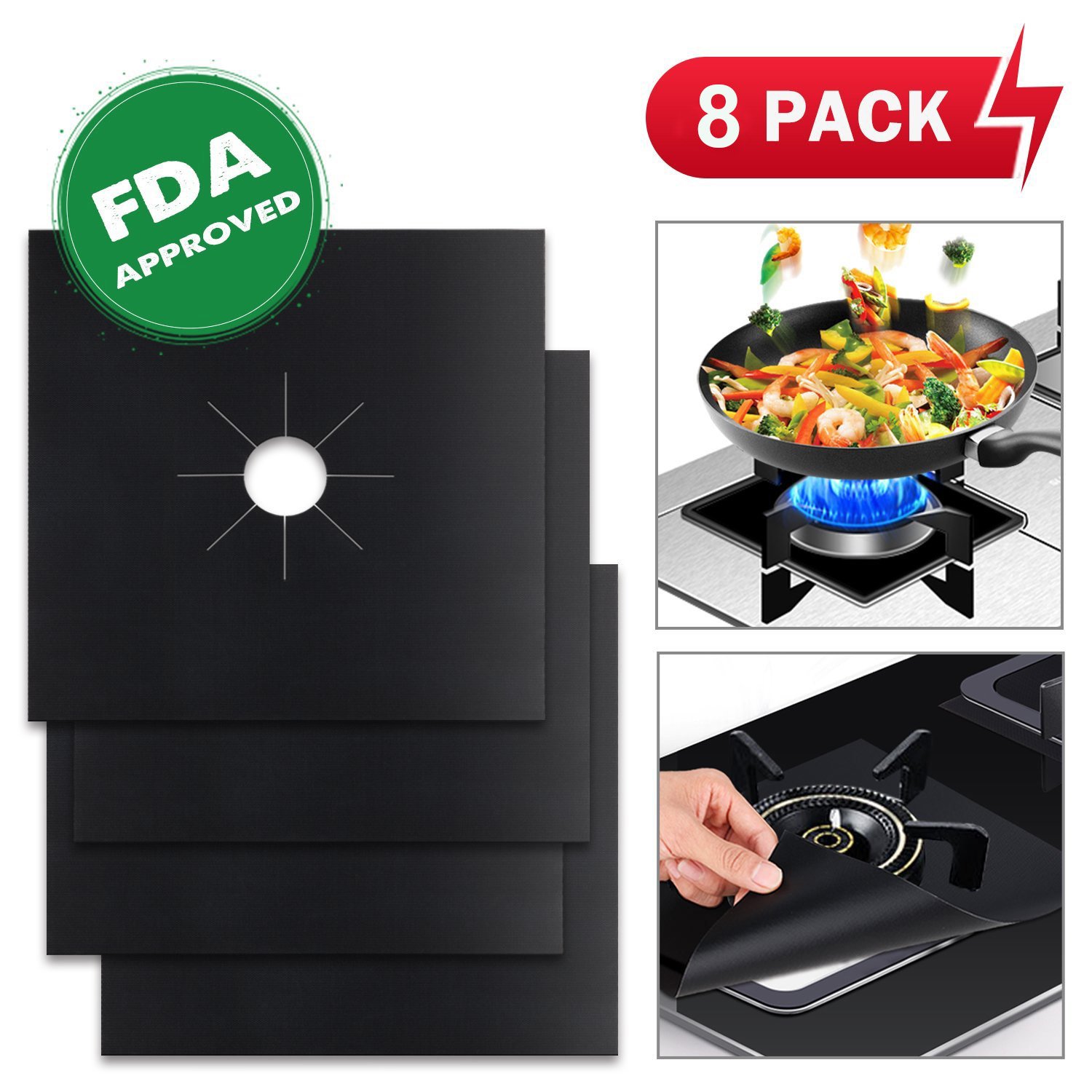 Gas Range Protectors Stovetop Burner Liner Covers Dishwasher Safe gas range drip pan Reusable Non-Stick FDA Approved Fast Clean Liners for Kitchen/Cooking 0.2 mm Thickness (10.6” x 10.6”)