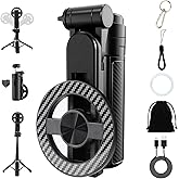 4-in-1 Multifunctional Magnetic Selfie Stick,Universal 360&deg; Rotation Phone Tripod with Wireless Remote,Portable Extendable Mag Tripod,for Video Recording &amp; Vlog,for iPhone &amp; Android(Black)
