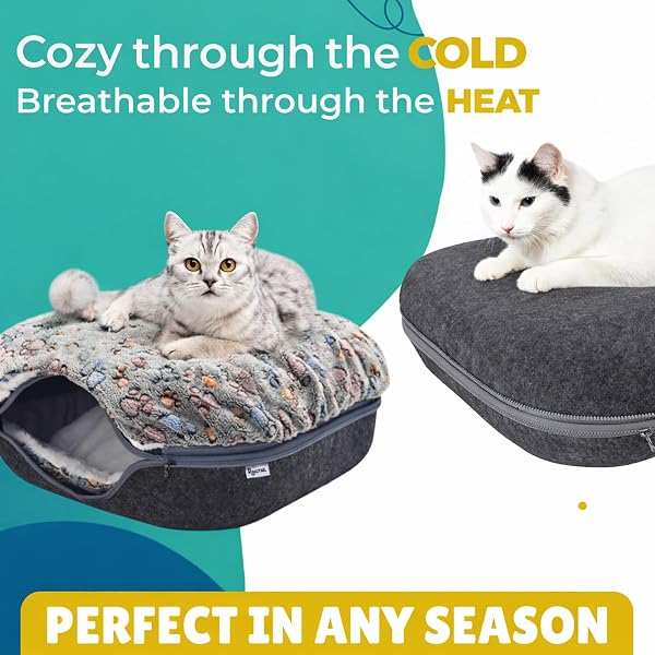 RINGTAIL PEEKABOO CAT CAVE DONUT FOR MULTIPLE & LARGE CATS UP TO 30-45 LB, 3-IN-1 SELF WARMING CAT BED TUNNEL WITH 2 SOFT FLUFFY FLEECE PET BLANKETS, SCRATCH, DETACHABLE & WASHABLE (DARK GRAY, LARGE)