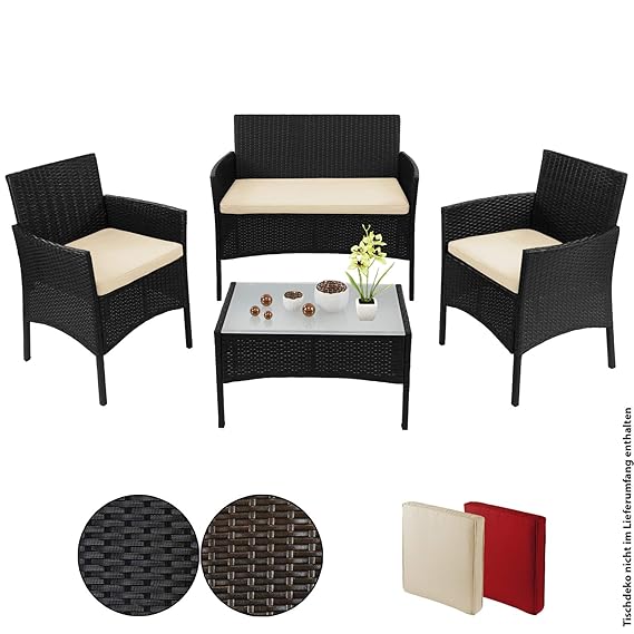 BB Sport 7-teilige Polyrattan Sitzgruppe für 4 Personen inkl. Sitzpolster und Tisch, Farbe:Titan-Schwarz/Sandstrand