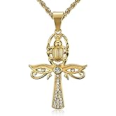 NEGS 18K Gold Plated Eye of Horus and Scarab Egyptian Ankh Cross Pendant Stainless Steel Necklace for Men Women, 24 Inch Rope Chain Religious Amulet Jewelry Gift