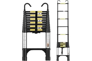BOWEITI Telescoping Ladder 12.5 FT with 2 Detachable Roof Hooks Aluminum Telescopic Extension Ladder with 2 Triangle Stabilizers, Multi-Purpose Collapsible Ladder for Household and Outdoor Working