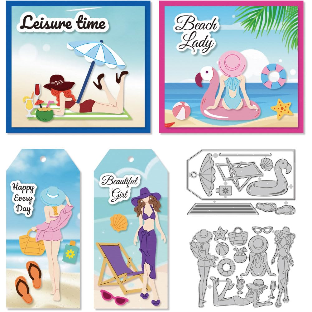 DELORIGIN Lady on The Beach Cutting Dies Ocean Vacation Dies Cut Metal Die Cuts Label Embossing Stencils Template Dies for Card Making Decor DIY Scrapbooking Photo Holiday Album Paper Crafts Card