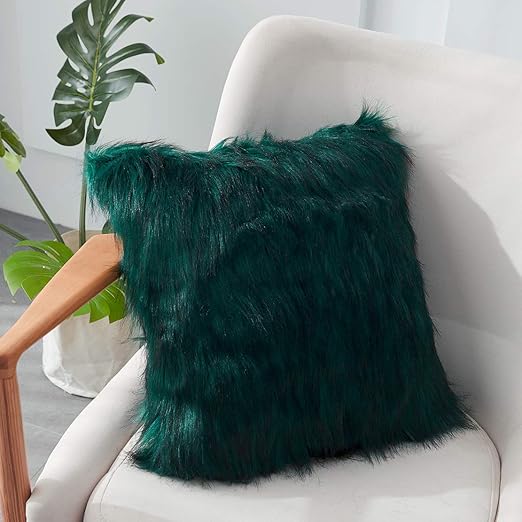 Decorative Dark Green Faux Fur Cushion Cover, Plush Fuzzy Throw Pillow
