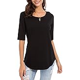 Womens Elbow Length Sleeve Tops Summer Fashion Cotton Blouses Casual Tunic Tee Shirts