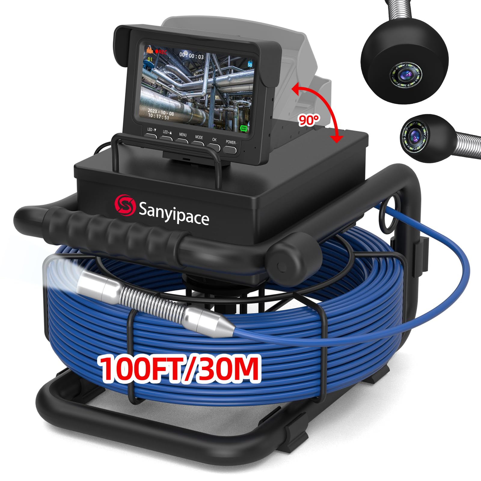 Rohrkamera 30M mit Licht, Sanyipace kanalkamera mit 4.3" Bildschirm, DVR & Audio Recorder, IP68 Wasserdicht Kanalinspektionskamera, 5600mAh Akku, Mikrofon, Inklusive 32GB TF-Karte