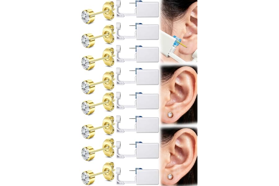 Get the Perfect Ear Piercing with 24Pcs Premium Ear Piercing Kit – Includes 8 CZ Stones Earrings and 8 Easy-to-Use Self Ear Piercing Gun – Safe and Painless