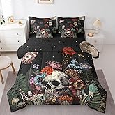 Erosebridal Sugar Skull 7 Pcs Comforter Set,Botanical Flower Bed in a Bag with Flat Sheet and Fitted Sheet,Starry Sky Quilt Set Trippy Galaxy Halloween Gothic Bedding Set with Pillowcase & Sham,Twin