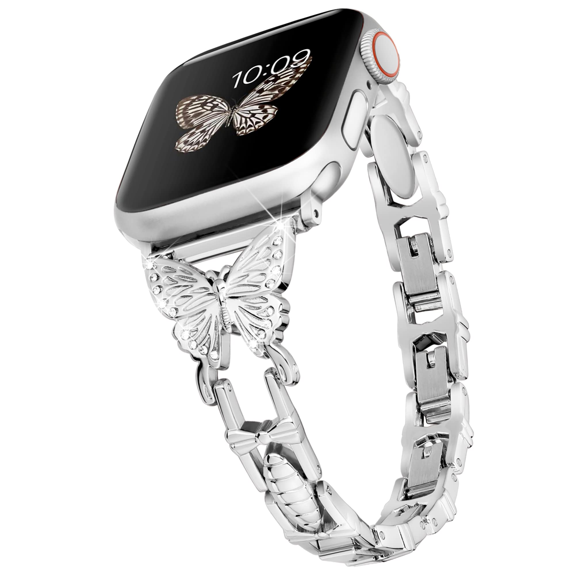 Photo 1 of wipalor Butterfly Band for Bling Apple Watch Bands 42mm 41mm 40mm 38mm for Women, Metal Dressy iWatch Bands for Women, Designer Cute Strap for Apple Watch Band Series 11 10 9 SE 8 7 6 5 4 3-Silver
